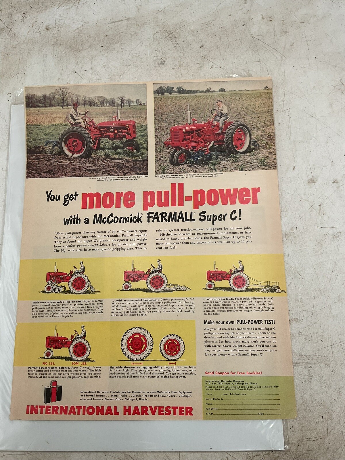 1950’S INTERNATIONAL HARVESTER McCORMICK FARMALL TRACTOR FARM AD20466