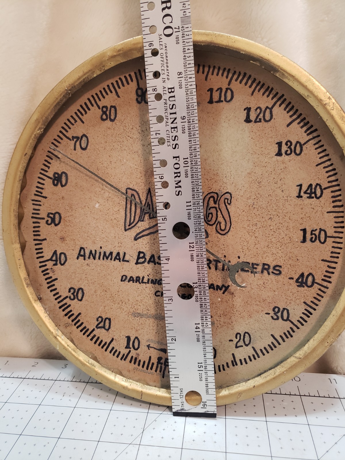 1920’s Darling’s Animal Base Fertilizers 9″ Metal Advertising Thermometer Sign
