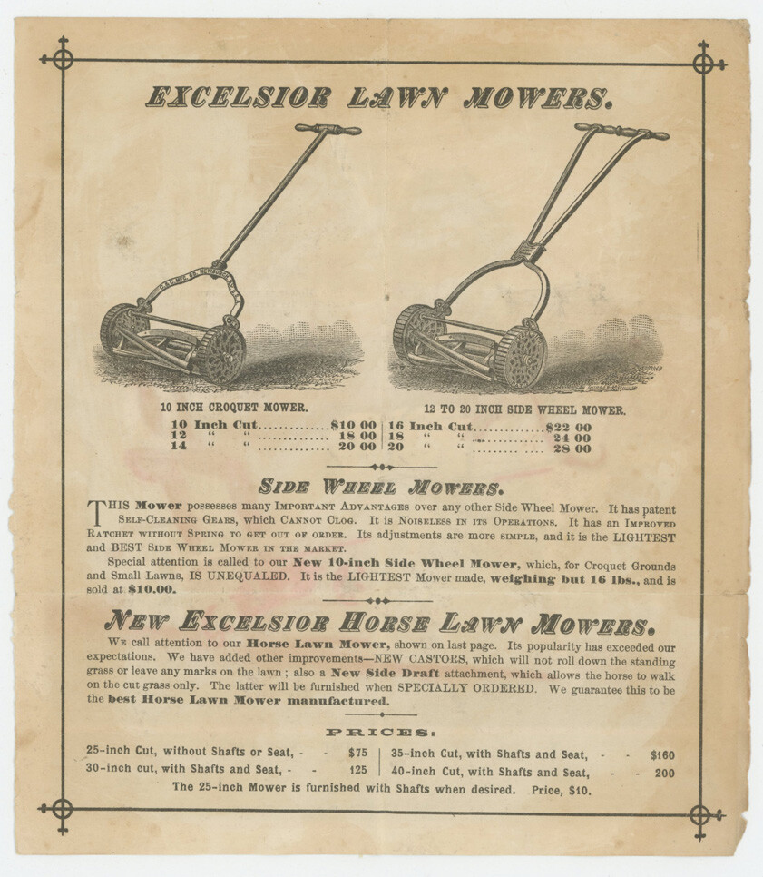 J.M. Warren Hardware Iron Excelsior Lawnmowers 1880’s Trade Card
