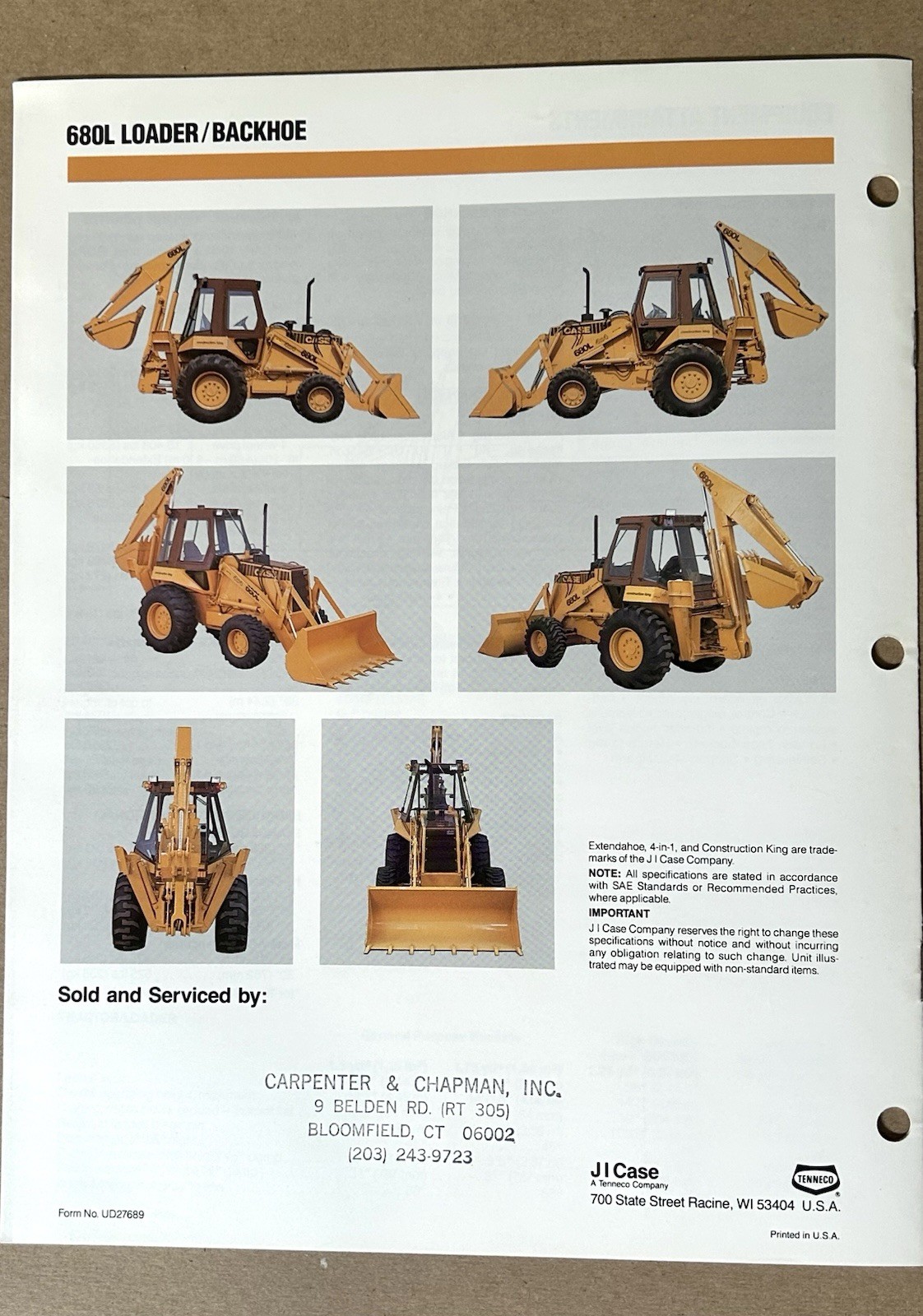Case 680L Loader Backhoe 8 page Dealer’s Specifications Brochure 1989