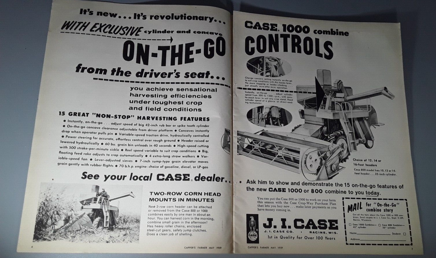 Original 1959 J.I. Case Combine 2-Page Magazine Ad “On-The-Go Controls”
