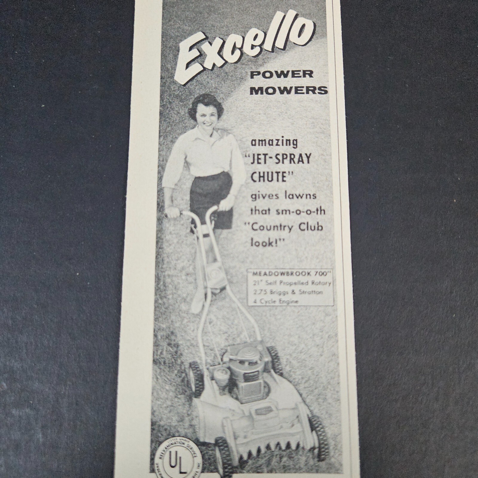 1957 Excello Power Mowers Vintage Print Ad Jet Spray Chute Lady Springfield IL