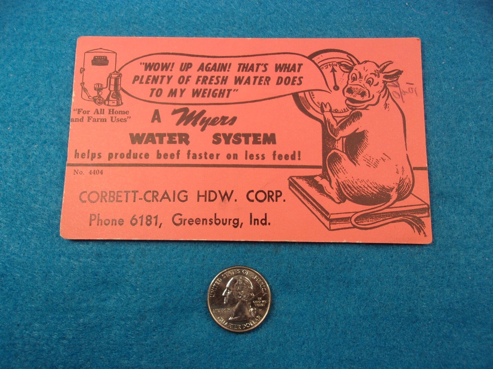 RARE OLD VTG ANTIQUE ADVERTISING CARD: MYERS WATER SYSTEM (PUT WEIGHT ON CATTLE)