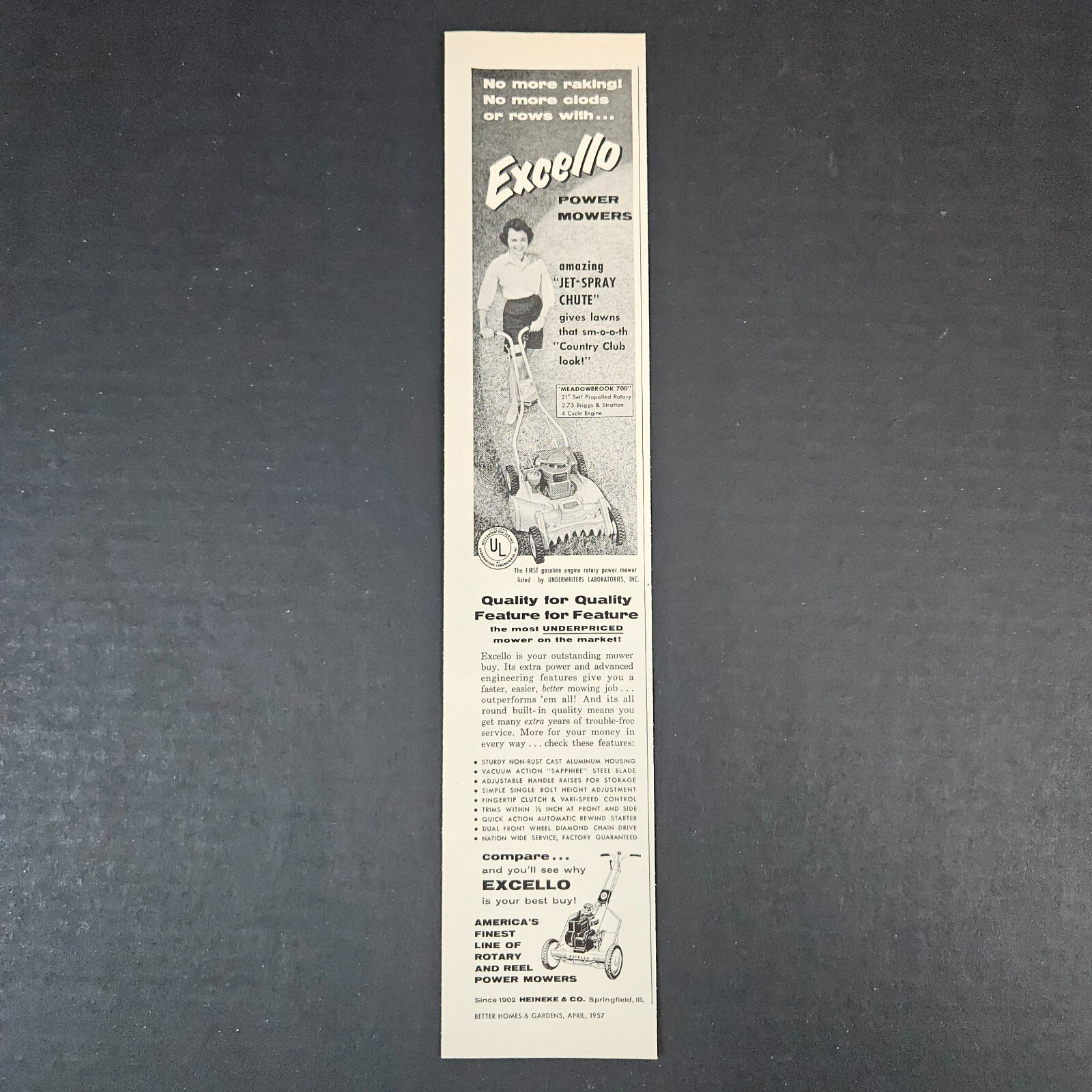 1957 Excello Power Mowers Vintage Print Ad Jet Spray Chute Lady Springfield IL