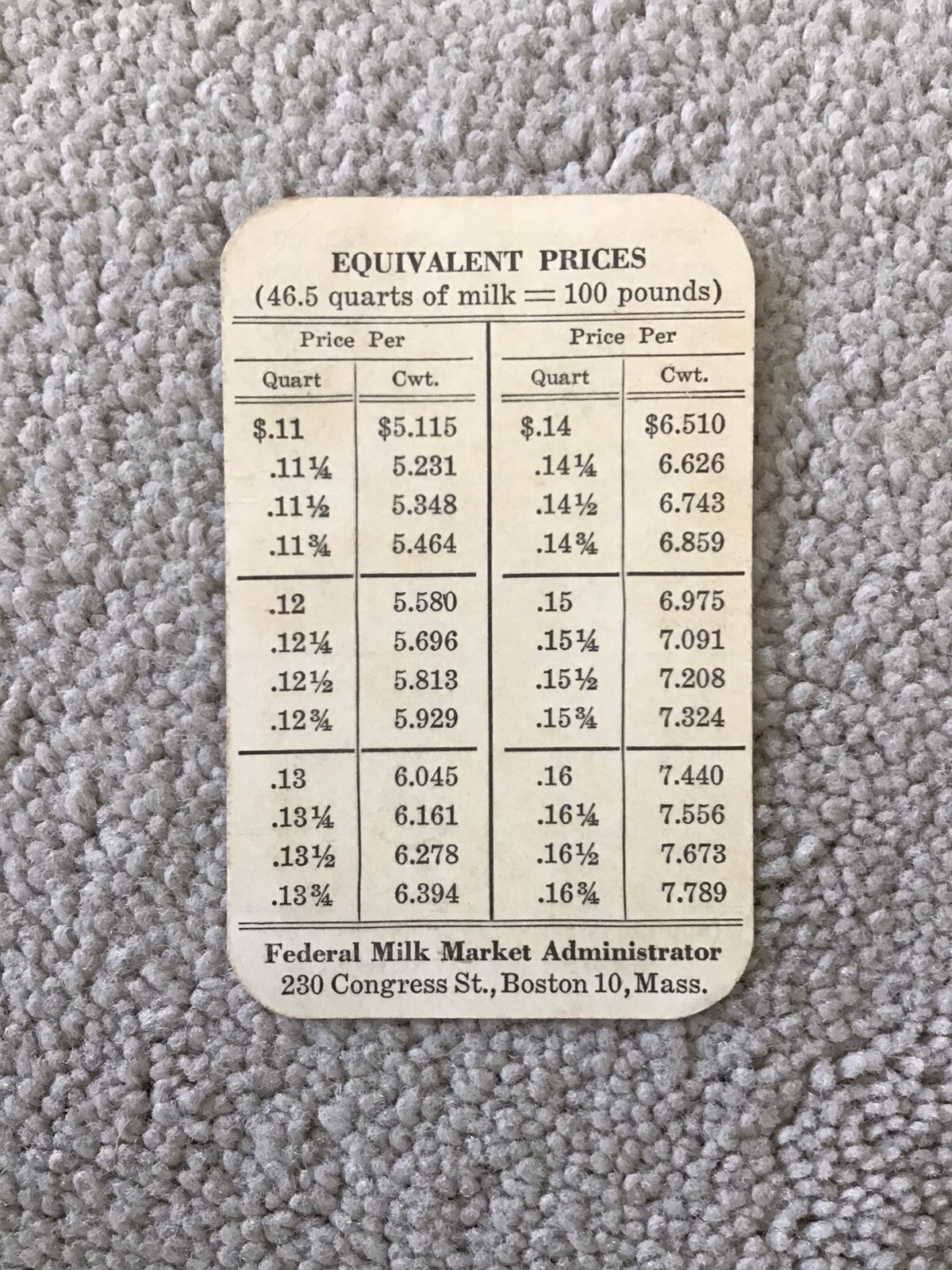 Vintage Federal Milk Market Administrator Boston 2 1/4″ x 3 1/2″ Price Card