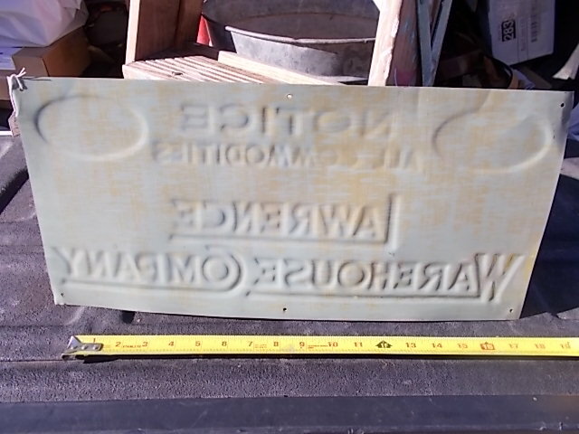 Vintage Tin Sign Lawrence System Warehouse Company Notice Commodities 9 by 19.5