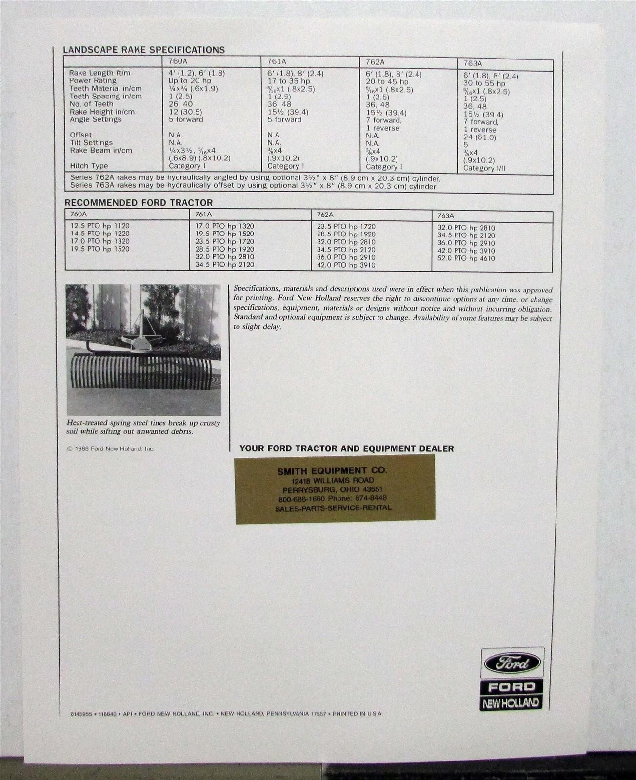 1988 Ford Landscape Rakes Specifications Agriculture Sales Data Sheet