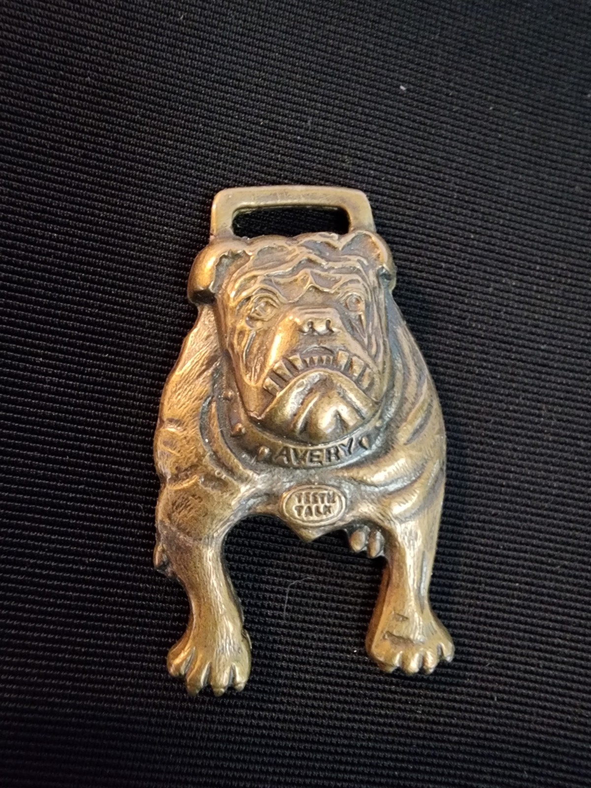 Antique “TEETH TALK” Avery Mfg Co Peoria IL TOOTHY BULLDOG Advertising Watch Fob