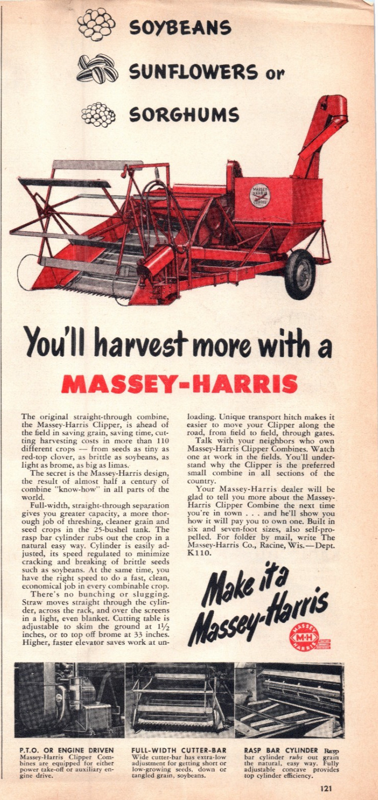 1951 Massey-Harris Clipper Straight-Through Combine 50’s Vintage Print Ad