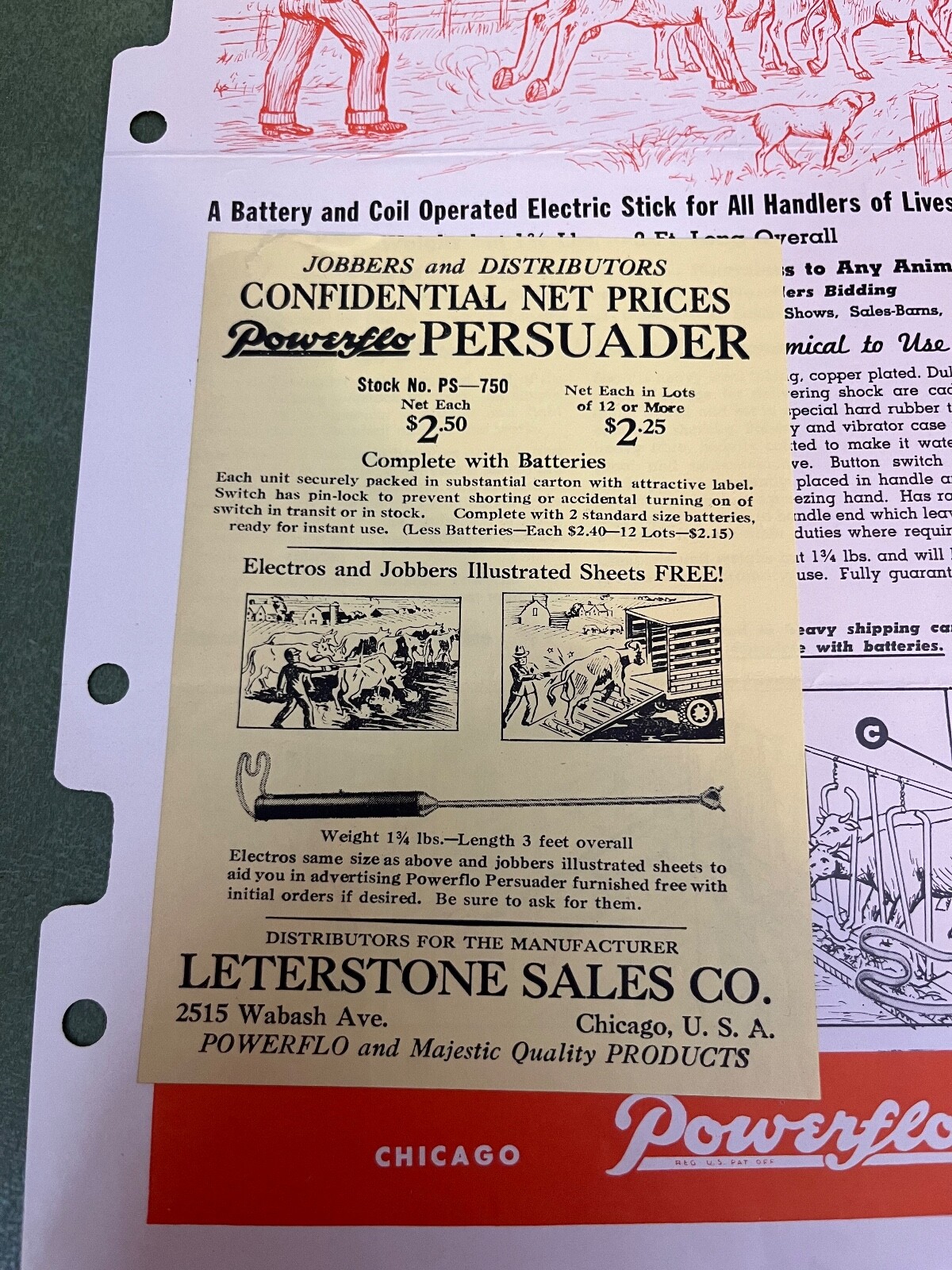 Original Powerflo Persuader Live Stock Cattle Prod Single Page Brochure