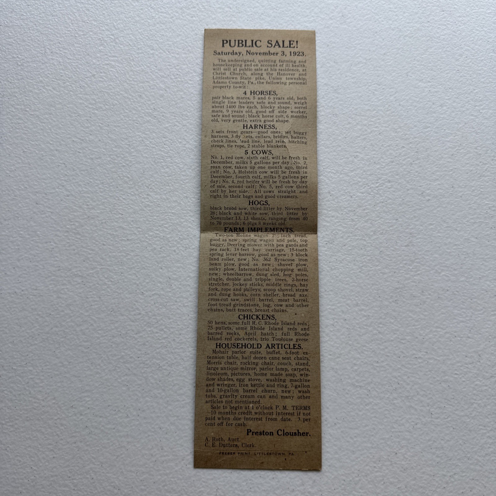 Public Livestock Sale 1923 Advertisement Add Feeser Print, Littlestown, PA