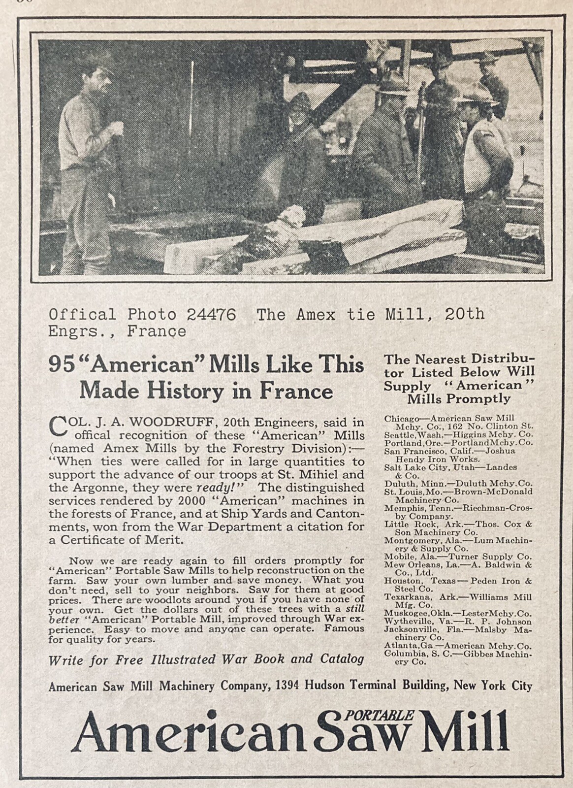 1919 AD(XH34)~AMERICAN SAW MILL MACHINERY CO. NYC. AMERICAN MILLS IN FRANCE