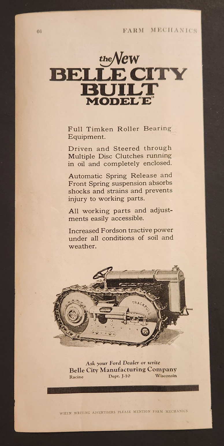 1926 Belle City Built Model “E” Tractor Bulldozer Fordson Original Print Ad