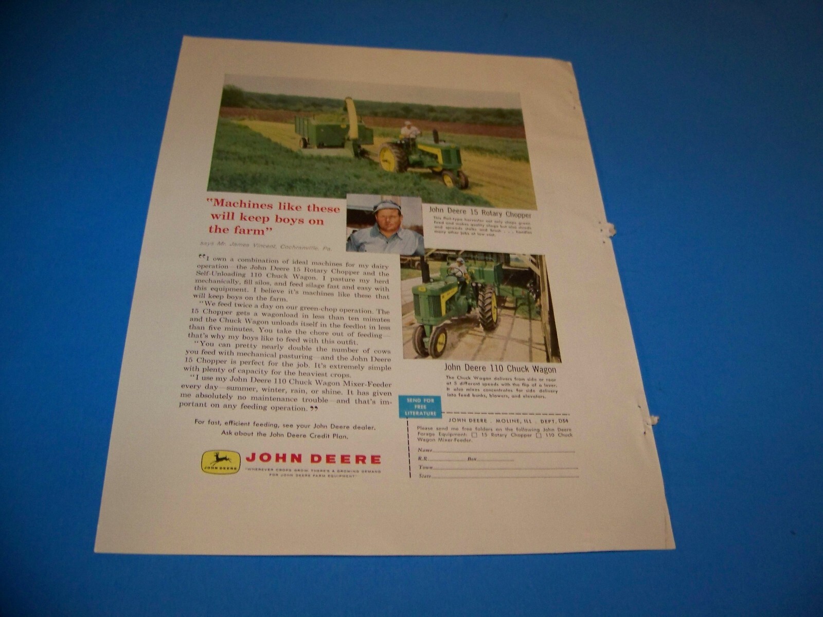 John Deere / Wayne Feeds Agricultural Print Ad from Magazine Vintage 1960