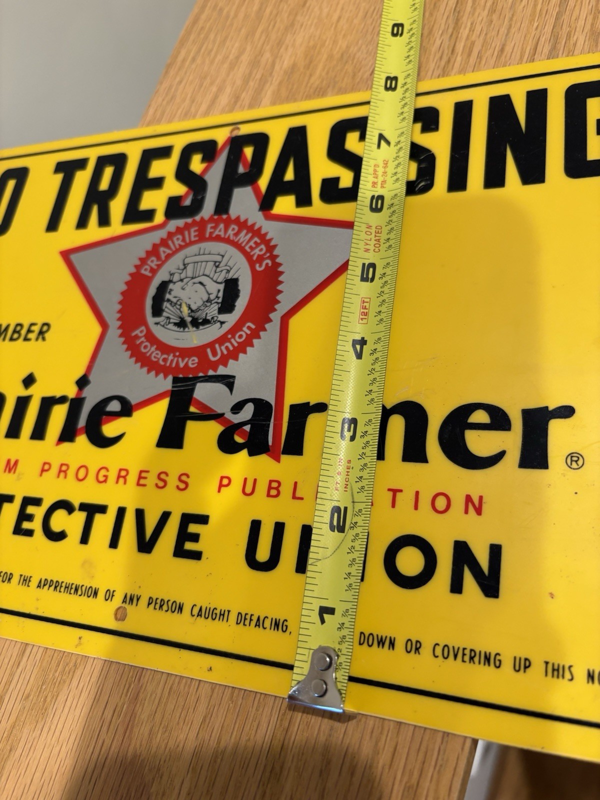 Vintage PRAIRIE FARMER PROTECTIVE UNION No Trespassing Sign 12″x8″ Plastic