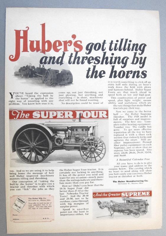 OriG 1928 Huber Super Four 18-36 Tractor Ad HUBER’S GOT TILLING BY THE HORNS