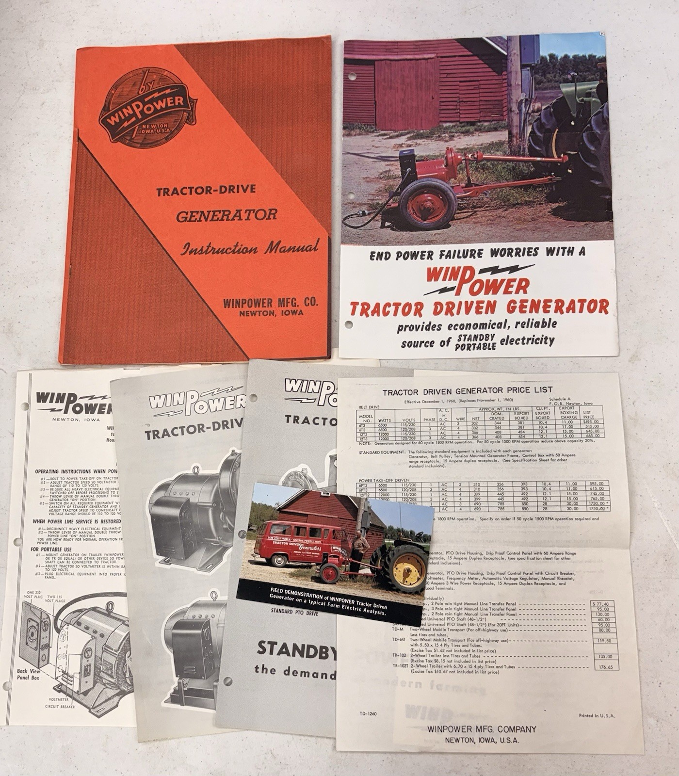Vintage 1960’s WinPower Tractor Driven Generator Manual & Brochure, Newton Iowa
