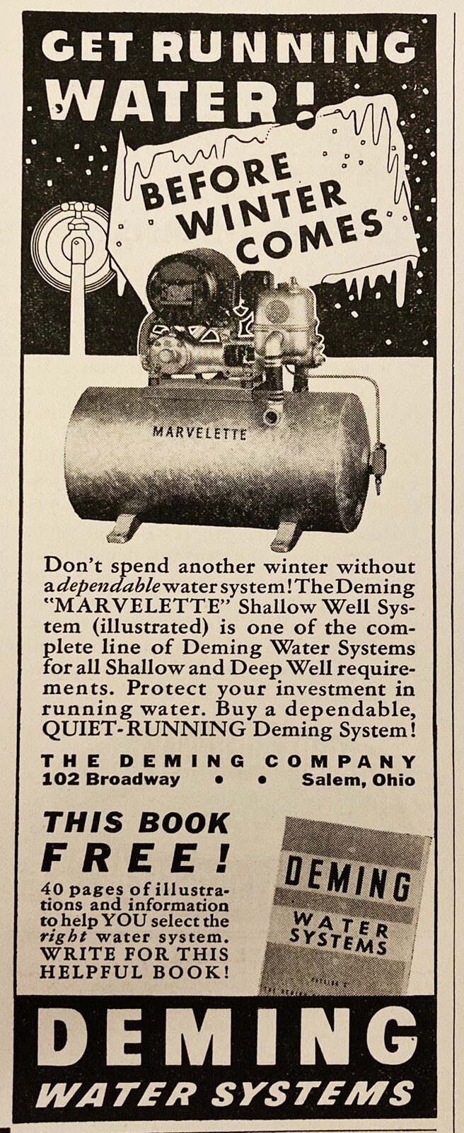 1937 AD.(XH81)~THE DEMING CO. SALEM, OHIO. DEMING WATER SYSTEMS