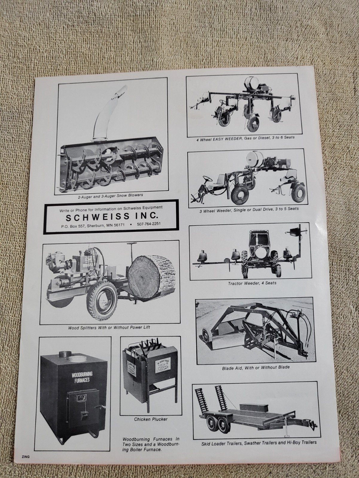 Vintage 1970s SCHWEISS Snowblower SALES BROCHURE Log Splitter Wood Stove Trailer