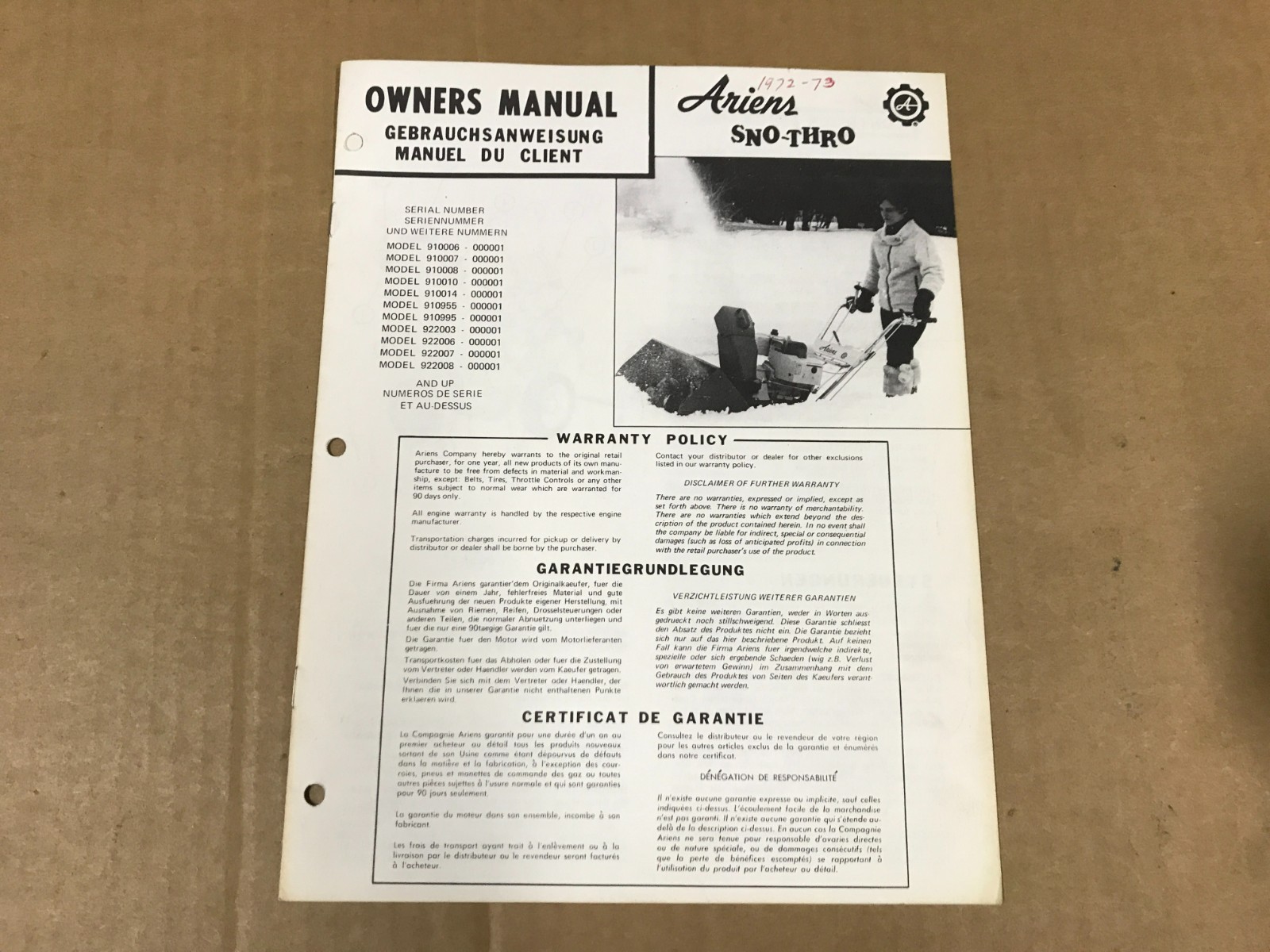 Vintage Ariens Sno-Thro Owner’s Manual Booklet – Form STOI-72