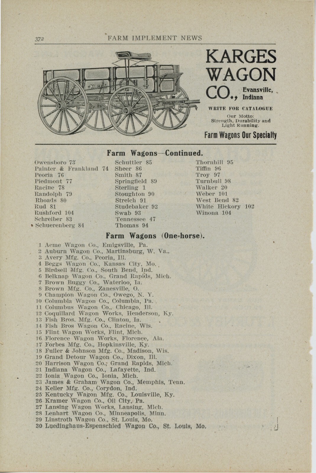 1905 Olds Wagon Works, Luedinghaus Espenscheid Wagon, Turney Ad: Rev is Karges