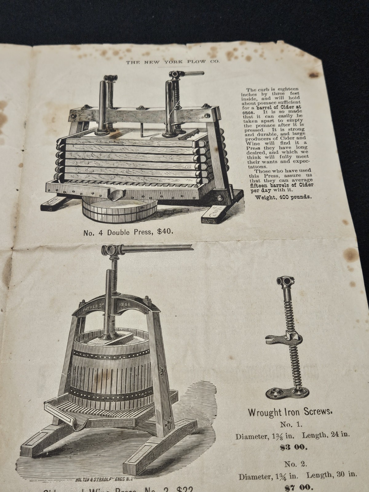 1876 New York Plow Cider Mill Presses Screws Brochure