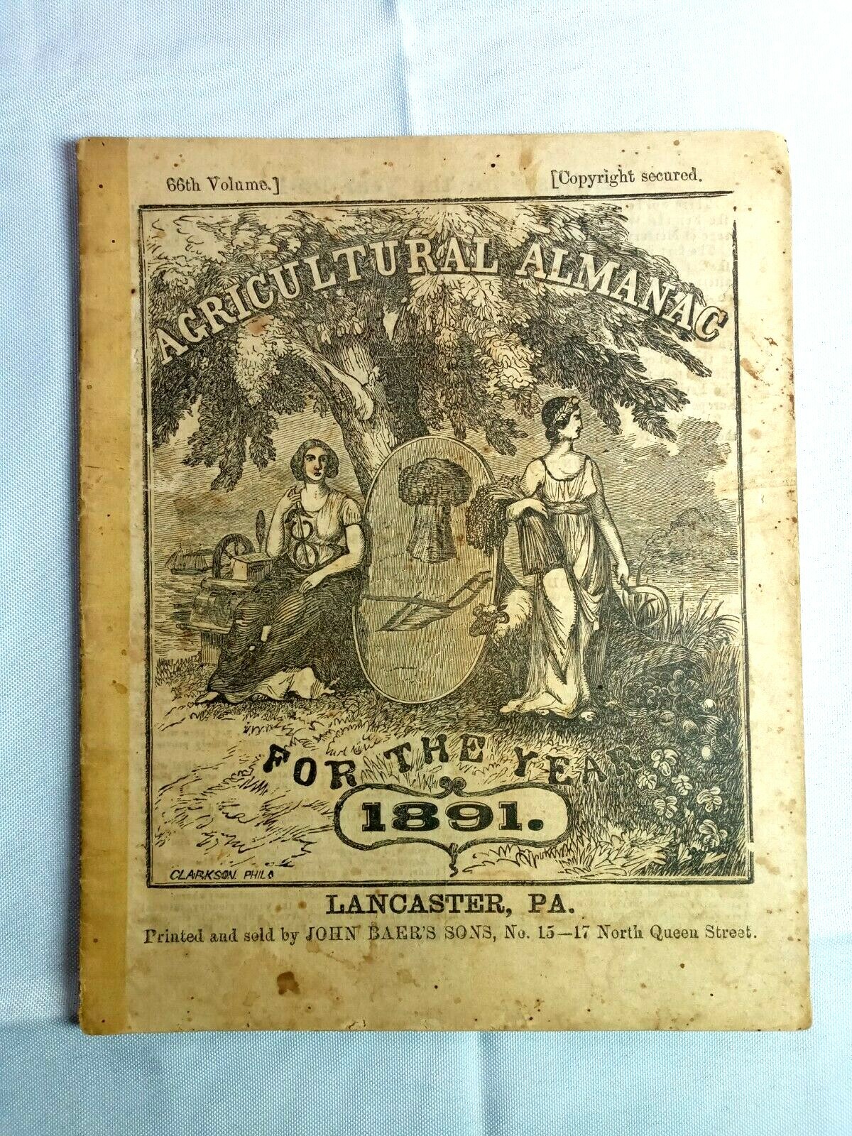 1891 John Bear Baer’s Agricultural Almanac Lancaster, PA Antique Farmers Vintage