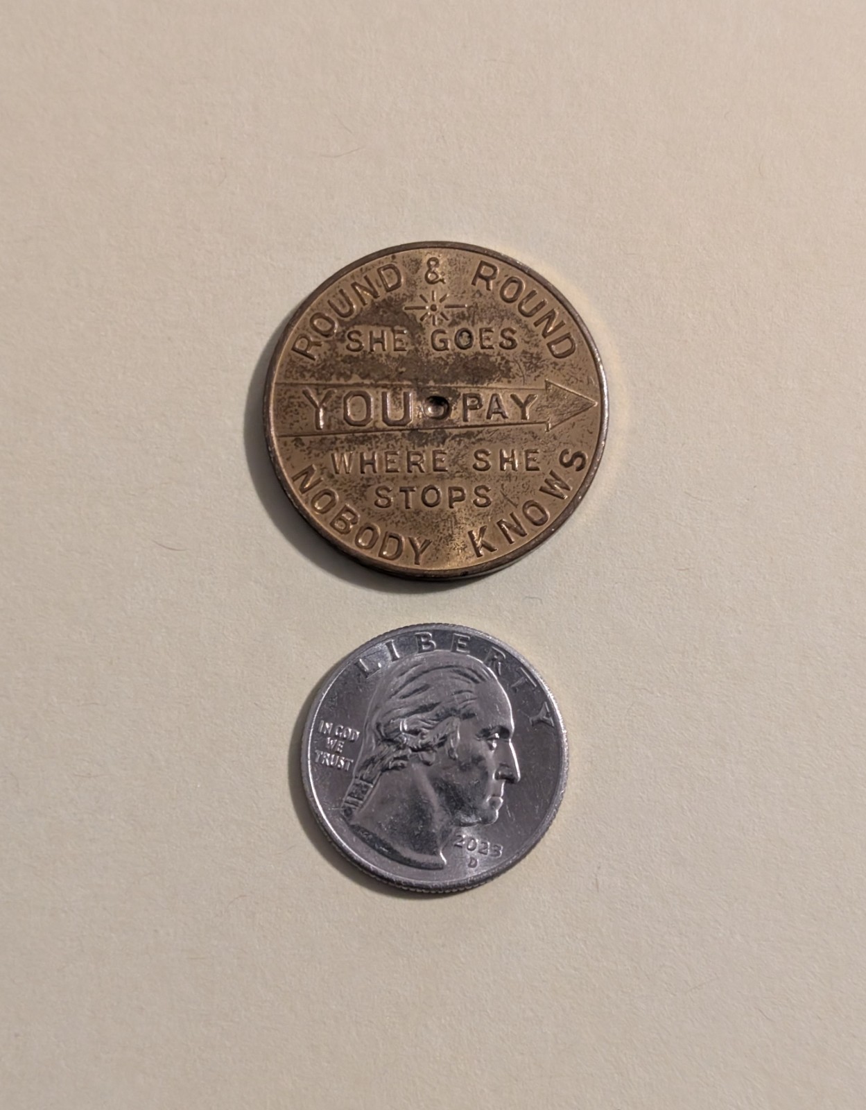 Horn-Draulic Loaders Spinning Token – Round & Round – Vtg Farm Equipment Coin Ad