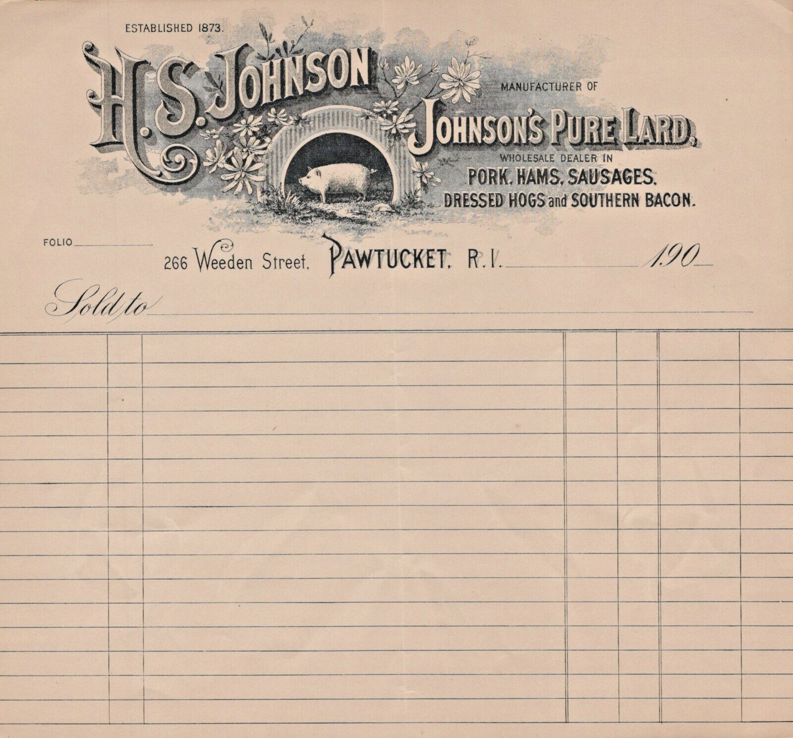 HS Johnson 1900 Unused Invoice Stationary Johnson’s Pure Laird Pig Logo A11T