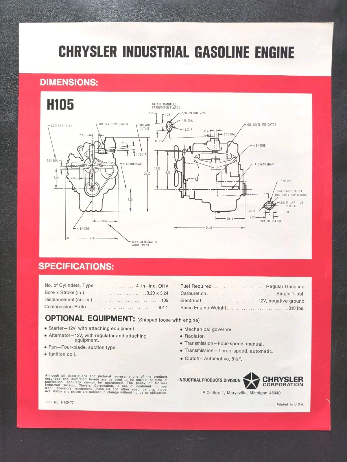 1970s Chrysler H105 4 Cylinder Machinery Farm And Heavy Equipment Motor Brochure