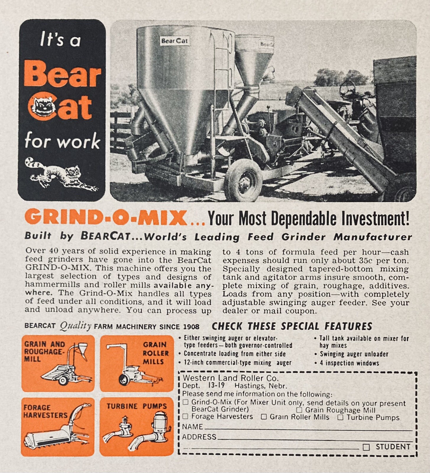 1965 AD.(XH48)~WESTERN LAND ROLLER CO. HASTINGS, NEB. BEAR CAT GRIND-O-MIX