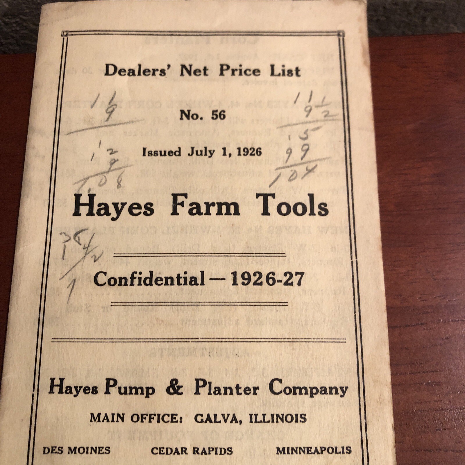 1926 HAYES FARMS TOOLS Dealer’s Price List No 56 ~ Pump ~ Galva, IL ~ AUTHENTIC!