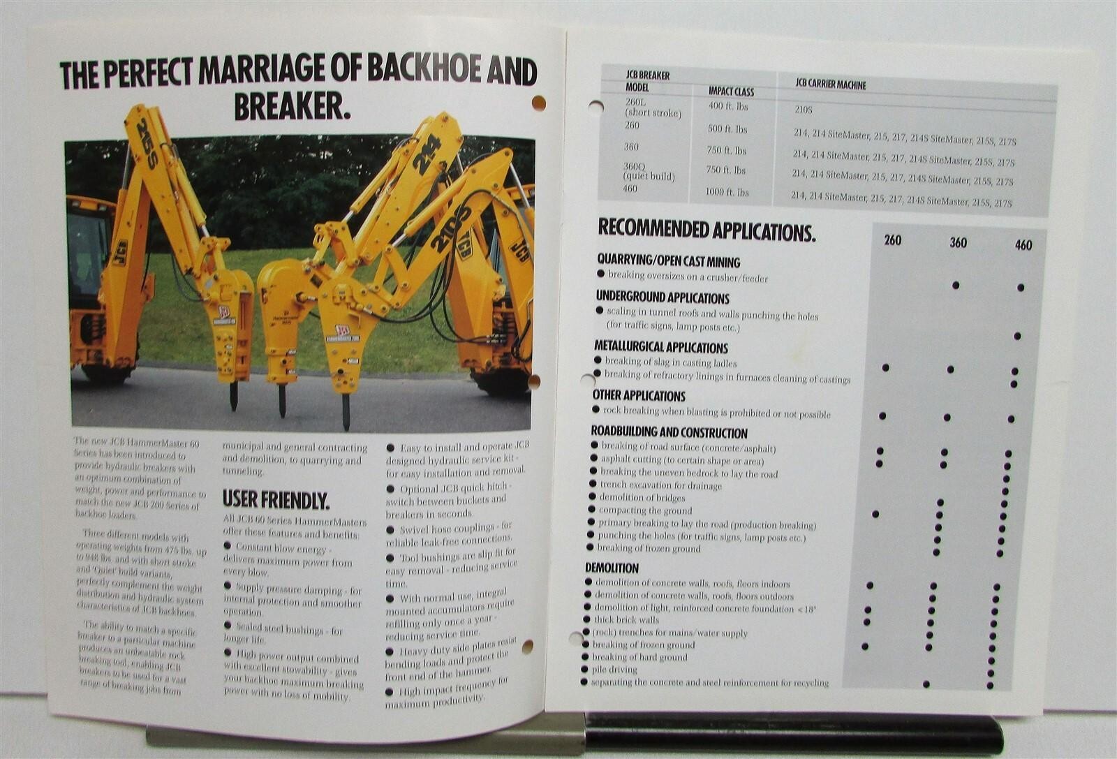 1994 JCB 60 Series Hammermaster Breakers Specs Construction Sales Brochure