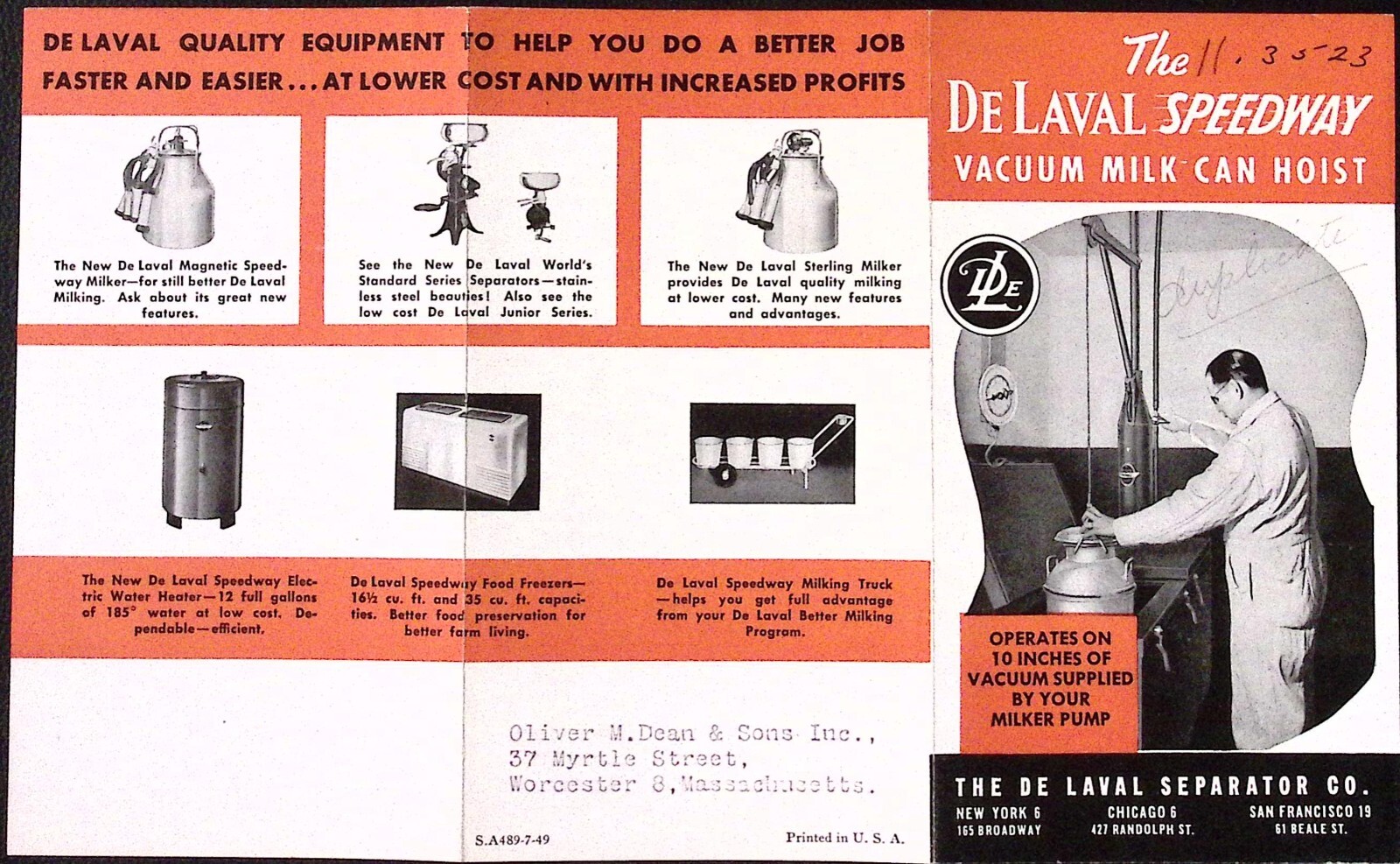 1950s DeLaval Speedway Vacuum Mil Can Hoist DeLaval Separator Co Brochure