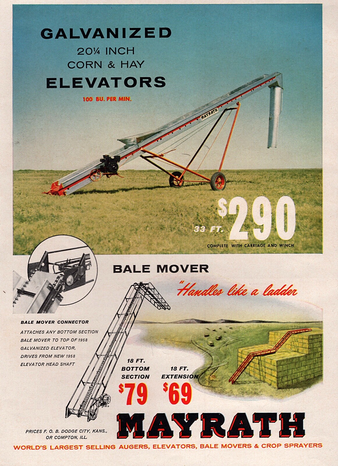 1959 Mayrath Tractor Implement Hay Elevator & Bale Mover Original Color Ad