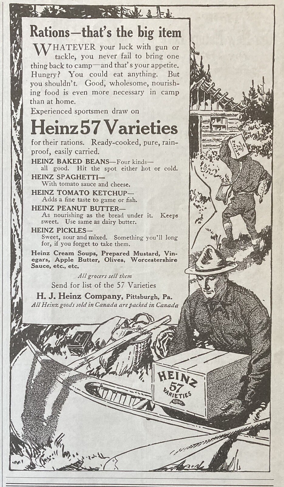 1921 AD.(XG16)~H.J. HEINZ CO. PITTS., PA. HEINZ 57 ON YOUR HUNTING CAMPING TRIPS