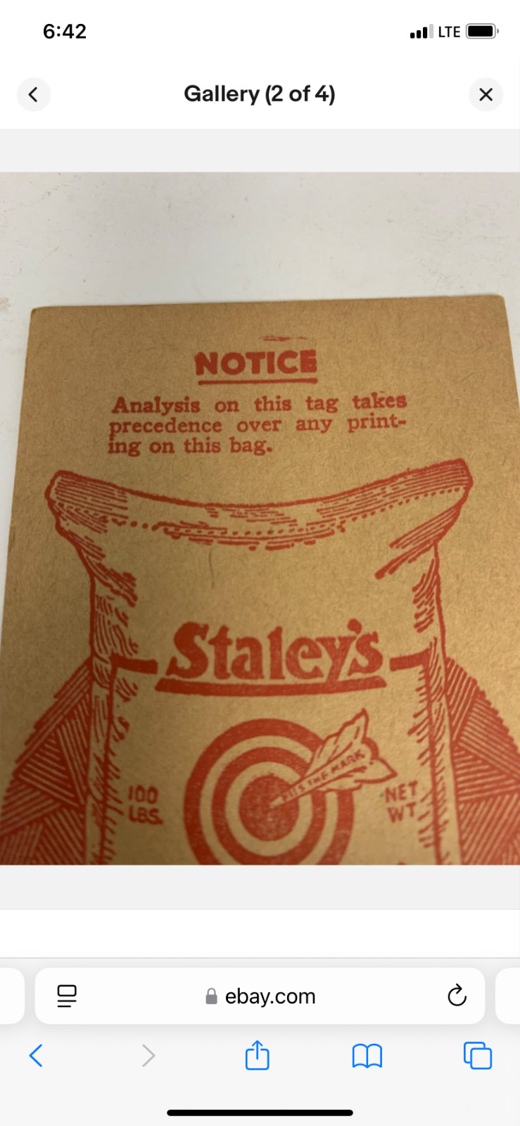 1920’s Staley’s Corn Gluten Feed 5″x2.5″ tag