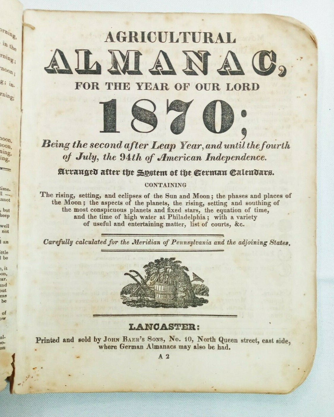 Vintage 1870 John Bear Baer’s Agricultural Almanac Lancaster PA Antique Farmers