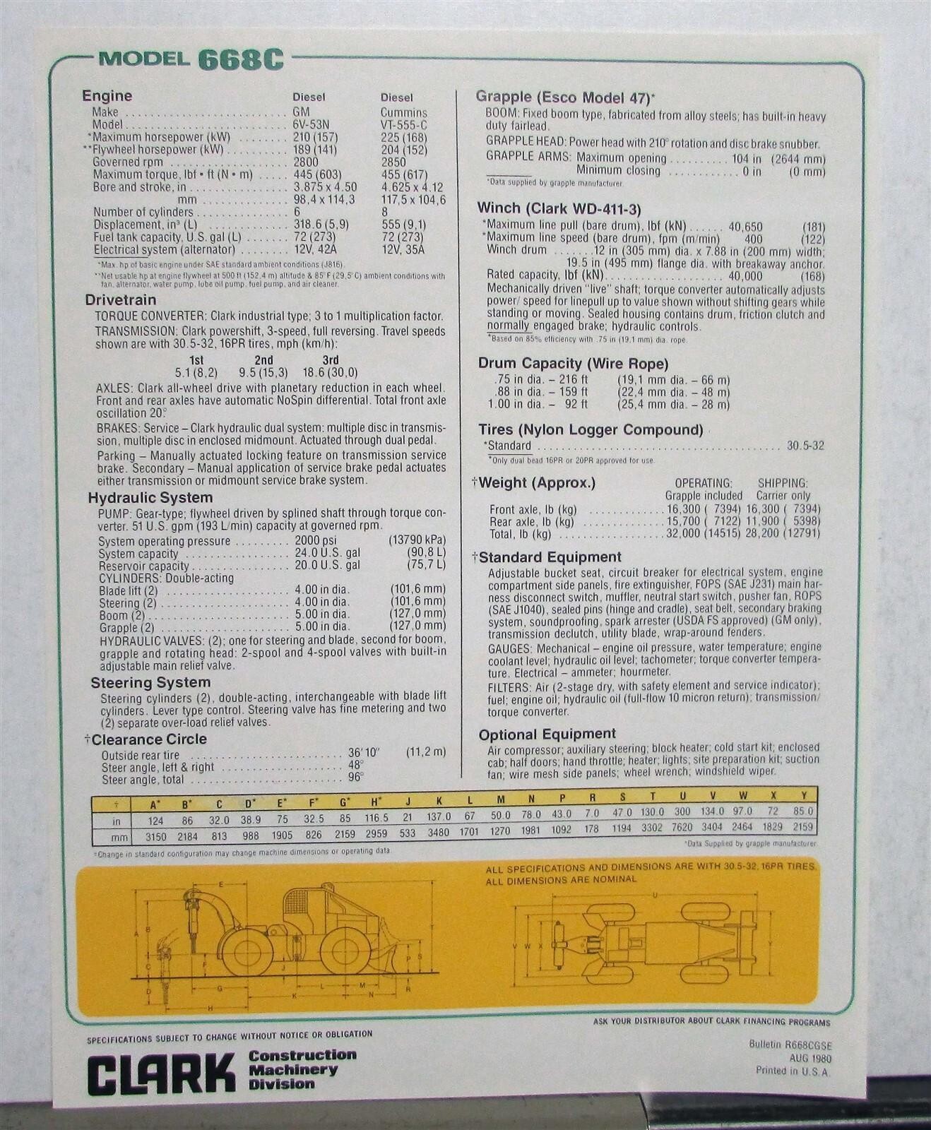1981 Clark 668C Grapple Skidder Diagrams Specification Construction Sale Sheet