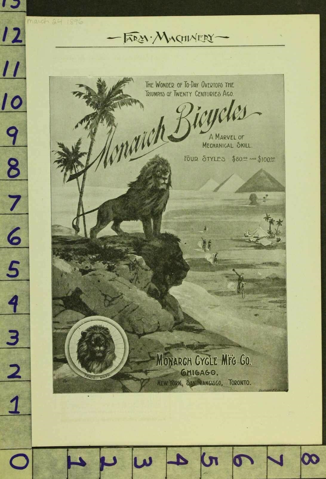 1896 AG FARM SPORT MONARCH BICYCLE ETHNIC EGYPT PYRAMID ANIMAL LION AD RR32