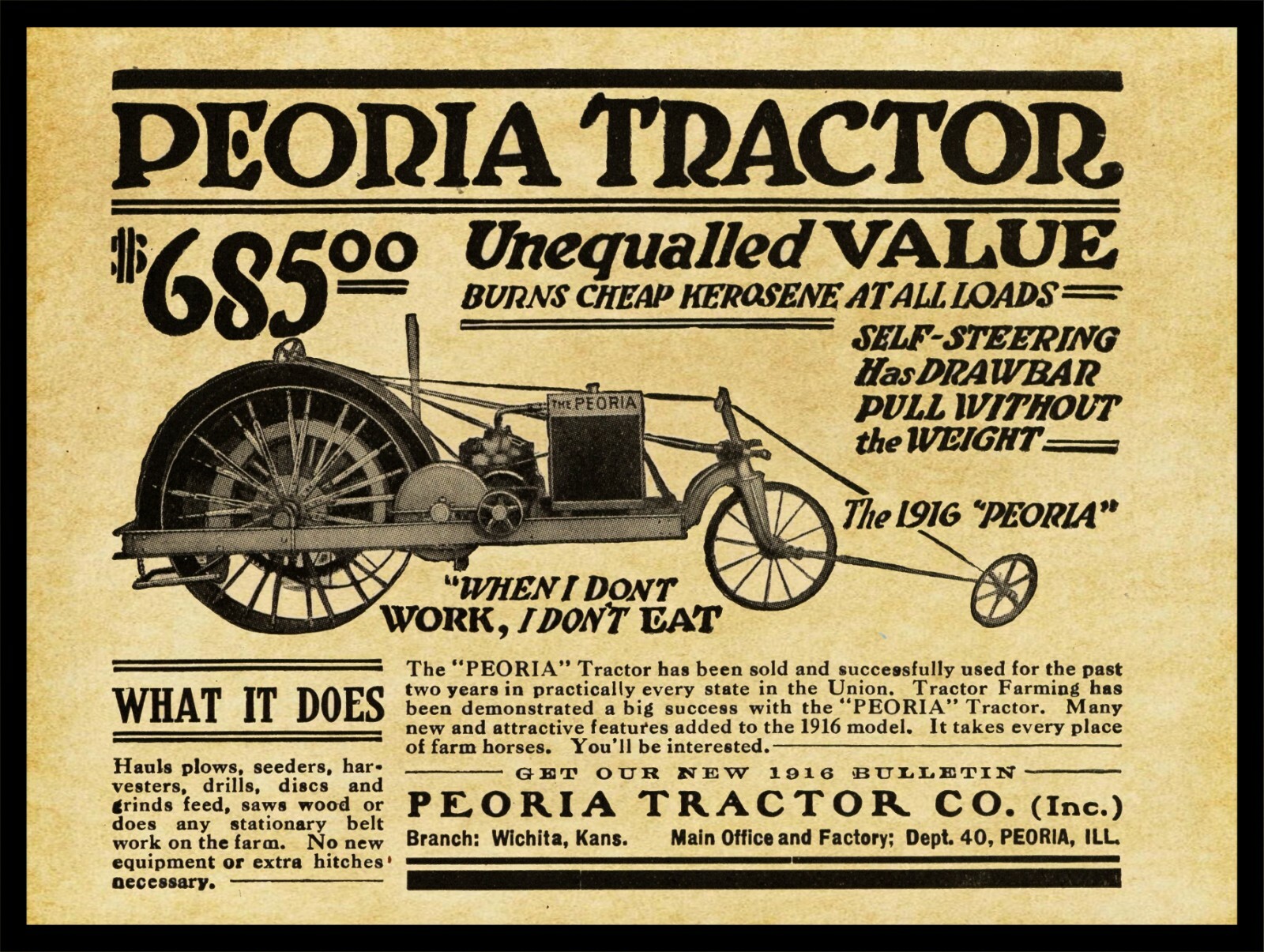 1916 Peoria Tractor of Peoria, Illinois NEW Metal Sign: 12×16 Large Size