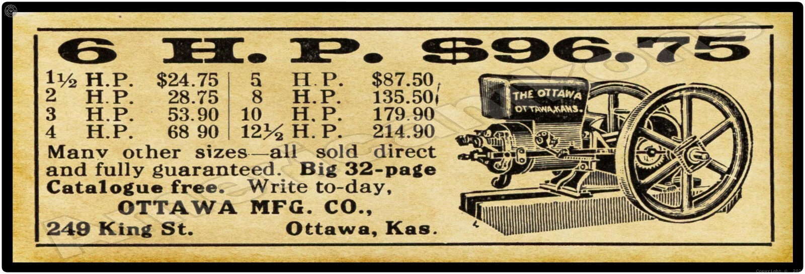 Ottawa Gas Engines of Kansas New Metal Sign, 12″ x 36″ USA STEEL XL Size – 4 lbs