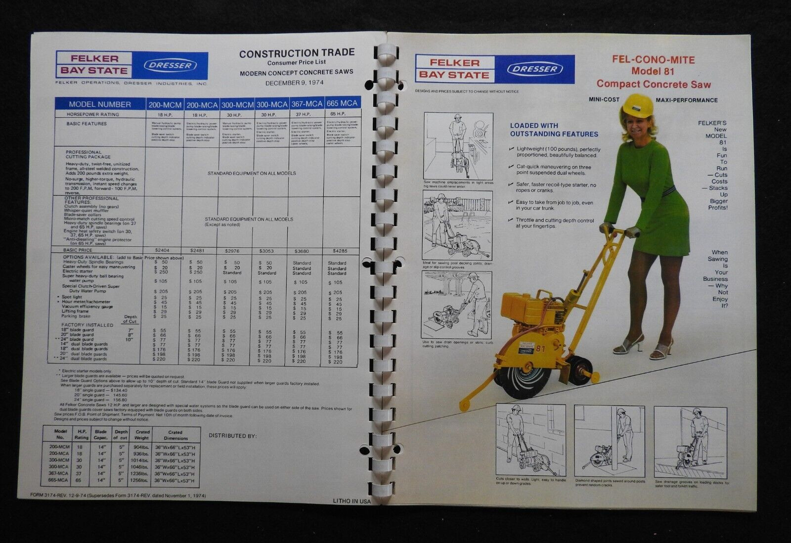 1974 Dresser Felker Bay State Concrete Saw Dealers’ Sales Catalog W/Prices MINTY