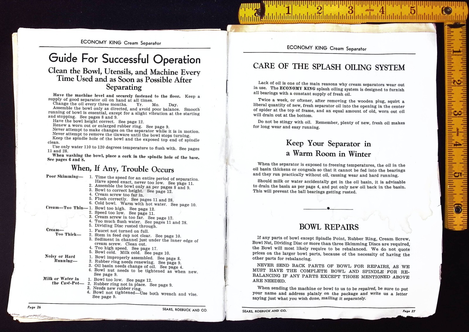 Sear, Roebuck – Economy King Cream Separator Instruction Manual – Vintage 1920’s