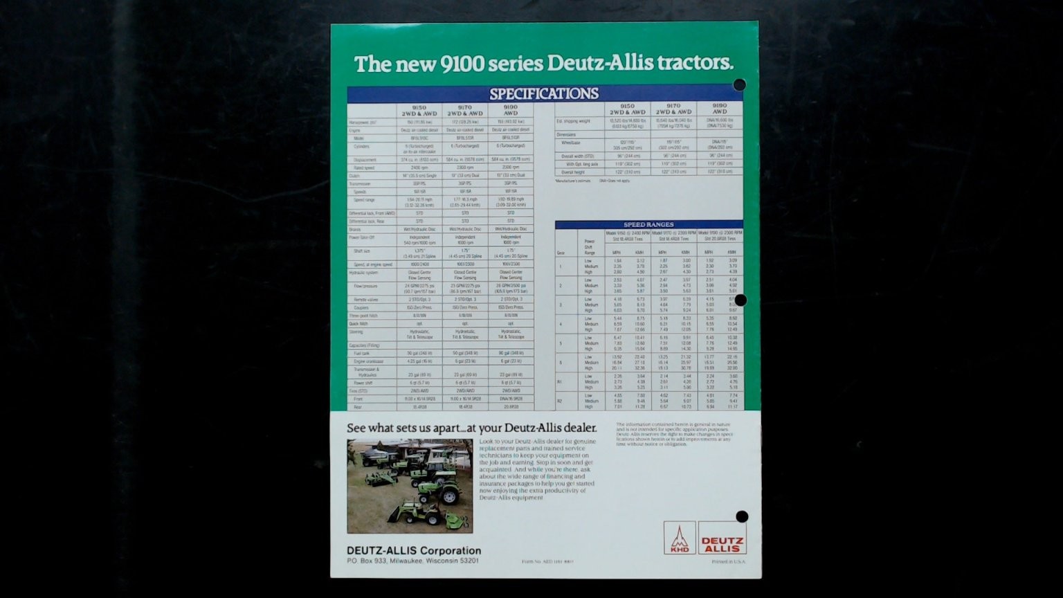 Deutz-Allis 9150/9170/9190 Vintage Agricultural Brochure Tractor Specs