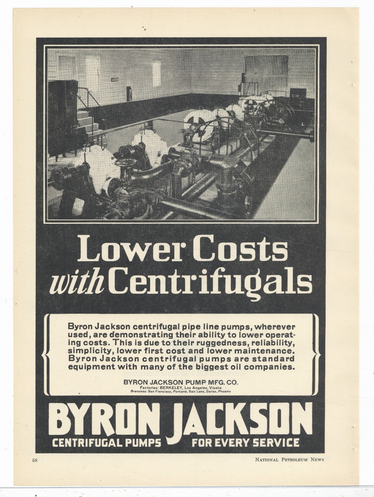 1927 Byron Jackson Pump Co. of Berkely & Los Angeles Ad: Centrifugal Oil Pumps