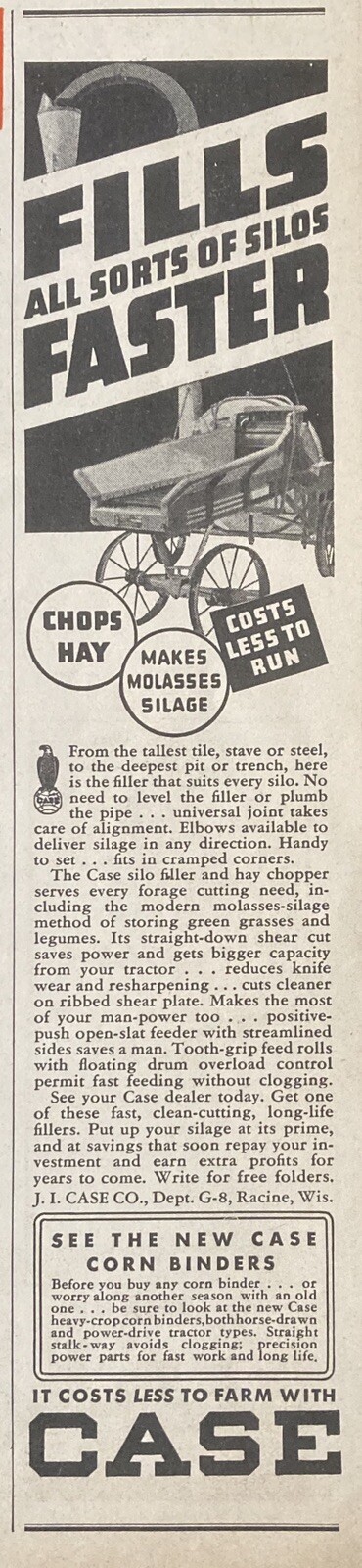 1938 AD.(XG6)~J.I. CASE CO. RACINE, WIS. CASE SILO FILLER