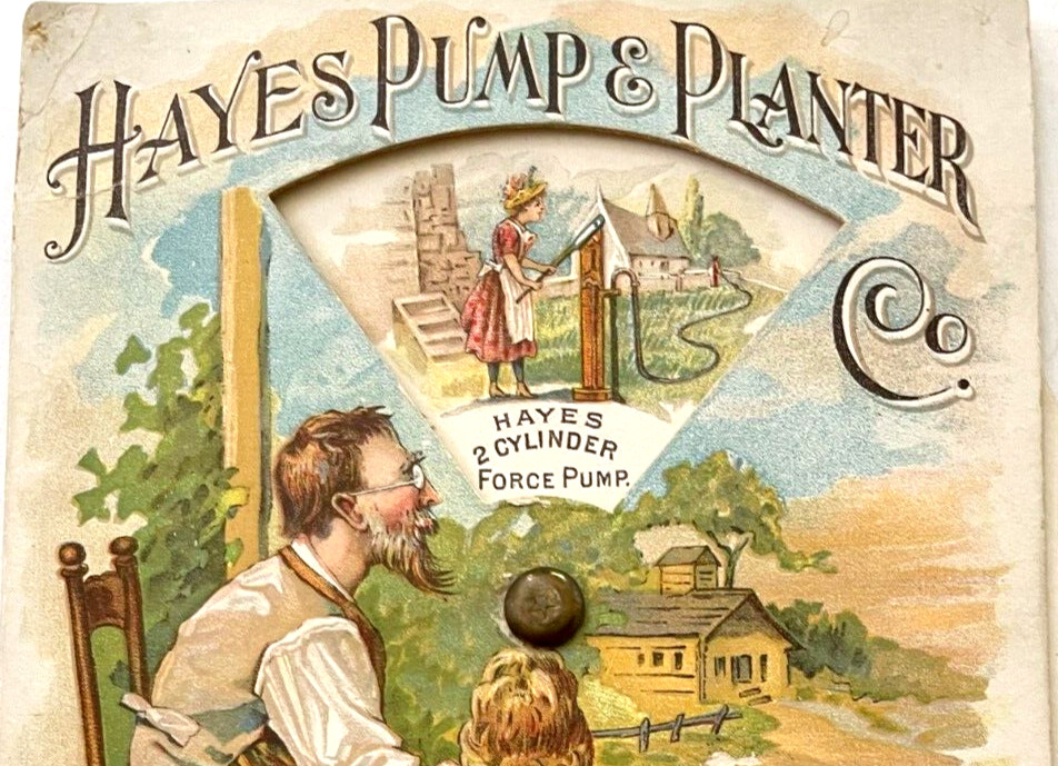 Clever Victorian Trade Card “Hayes Pump & Planter Co.” Wheel Showing Products *