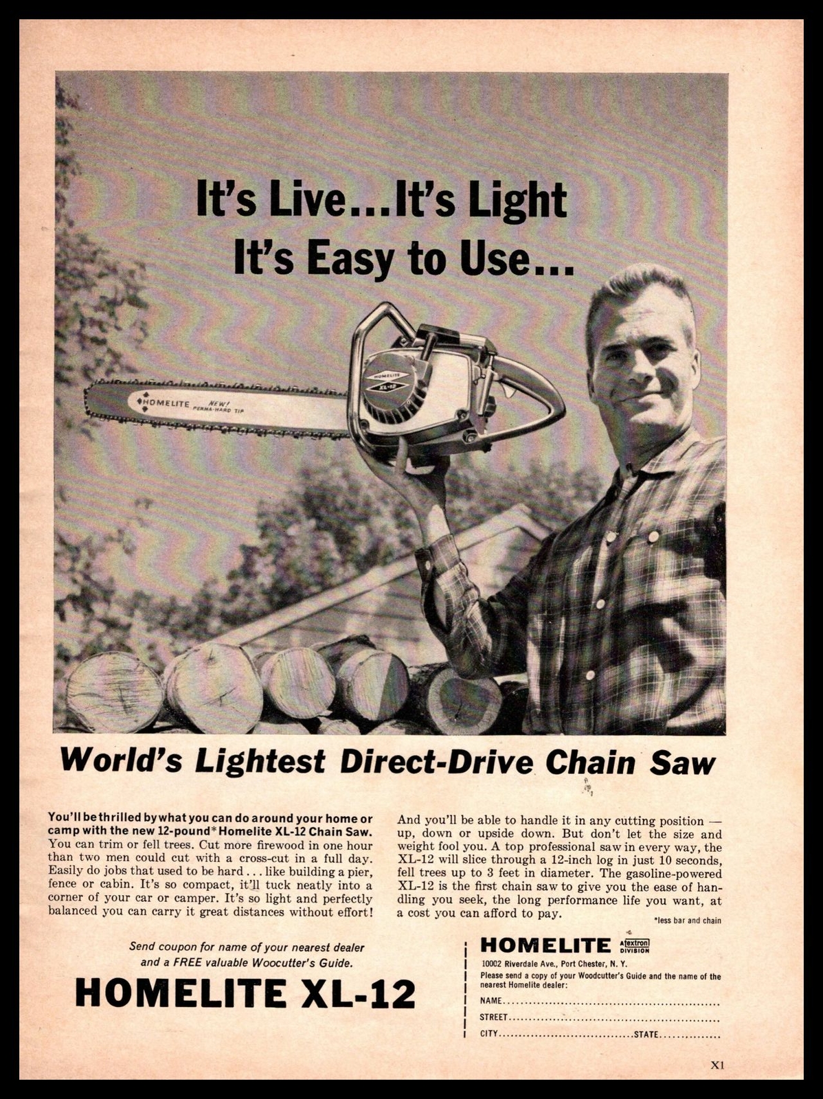 1964 Homelite XL-12 Chain Saw Gas Powered Port Chester New York Vintage Print Ad