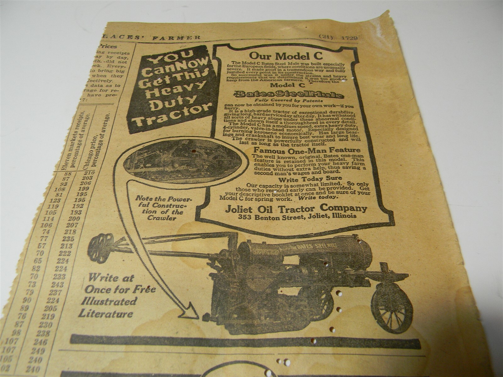 Vintage 1917 Joliet Oil Tractor Co. Farm Implement Man Cave 1910’s Print Ad 5E1